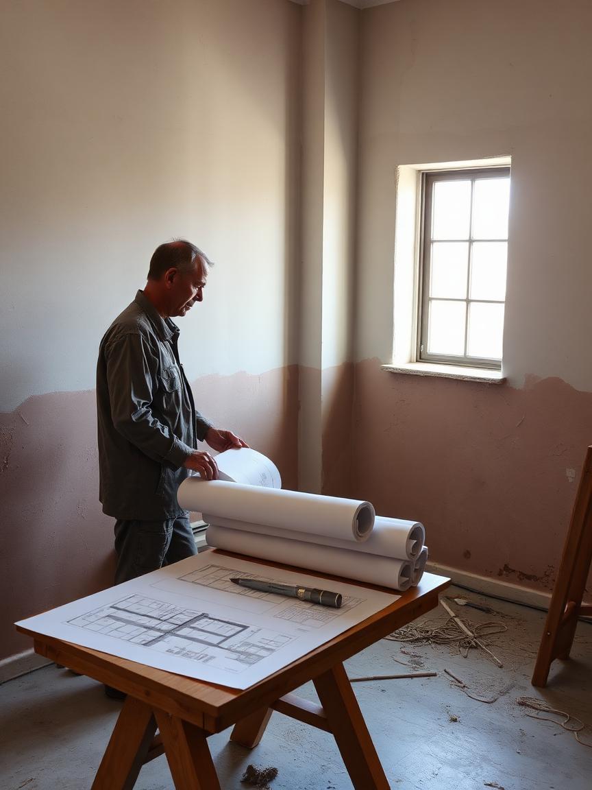 An Ashworth & Co. site manager reviewing drawings in a half-renovated Johannesburg home